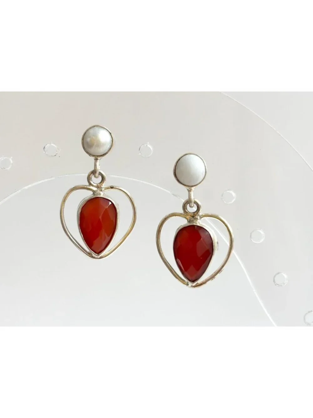 Ruby Corondum & Cultured Pearl Heart Shaped Vintage Sterling Silver 925 Earrings